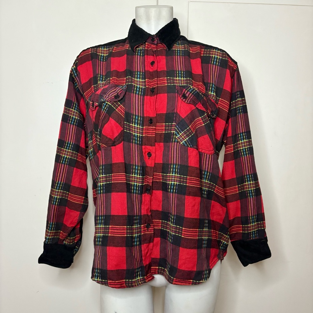 Vintage 80s DD Diner Cotton Red Plaid Button Up Flannel Black Corduroy Trim